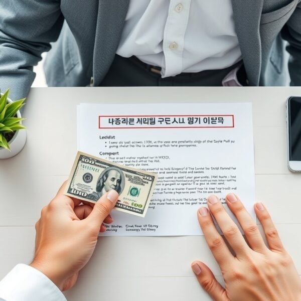 소상공인 지원금 지원금 - flat lay of small business owner's desk with cash, receipt, and government support document, South Korea small business support concept