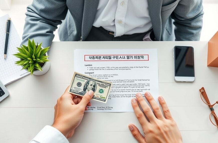 소상공인 지원금 지원금 - flat lay of small business owner's desk with cash, receipt, and government support document, South Korea small business support concept