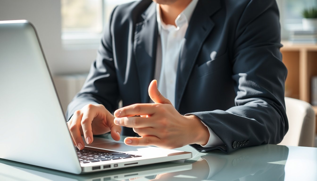 드랍쉬핑 - Korean male upper body shot with face visible, analyzing dropshipping data on laptop screen, natural hands, home office setting