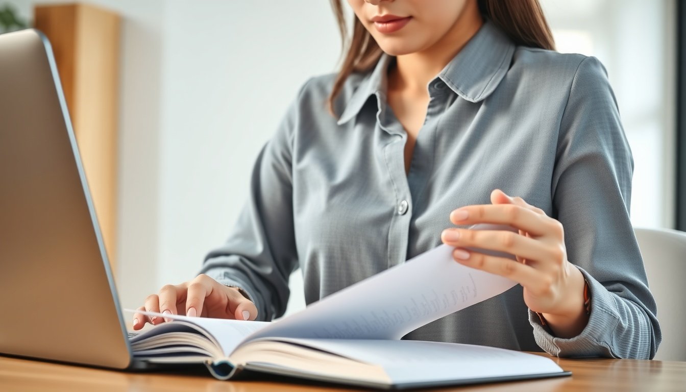 검색광고마케터1급 - upper body shot of Korean woman with face visible, studying for search advertising marketer exam with laptop and textbooks, natural hands, bright study room background