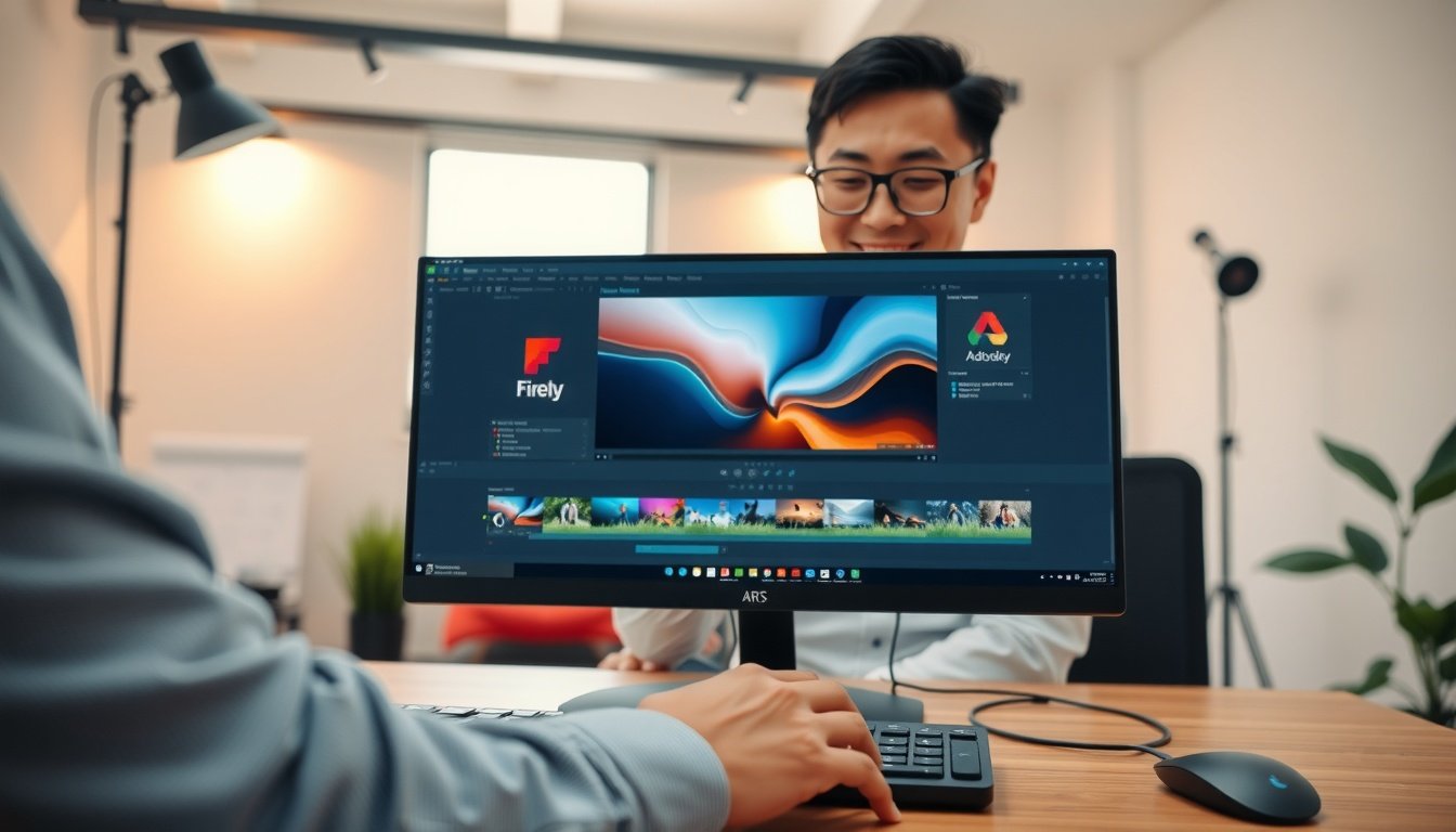 어도비 파이어플라이 영상 - Korean creator upper body shot with face visible, working on Adobe Firefly video generation on desktop computer, modern studio background, natural hands on keyboard