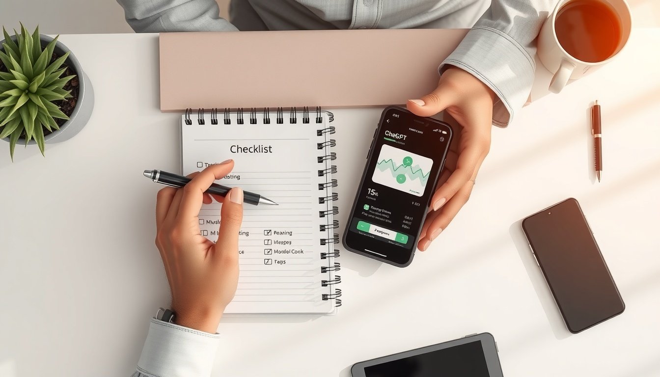 ChatGPT - flat lay of checklist notebook, pen, and smartphone showing ChatGPT app, productivity and AI tools concept, overhead view