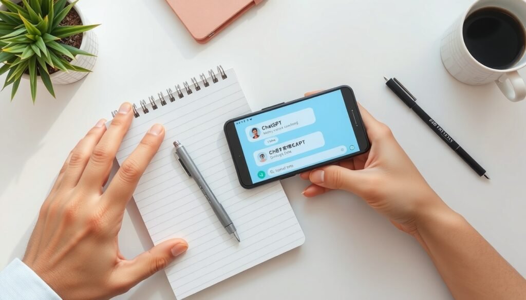 무료 챗gpt 한국어 - flat lay of smartphone showing ChatGPT Korean interface on white desk with notebook and pen, AI technology concept
