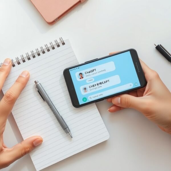 무료 챗gpt 한국어 - flat lay of smartphone showing ChatGPT Korean interface on white desk with notebook and pen, AI technology concept