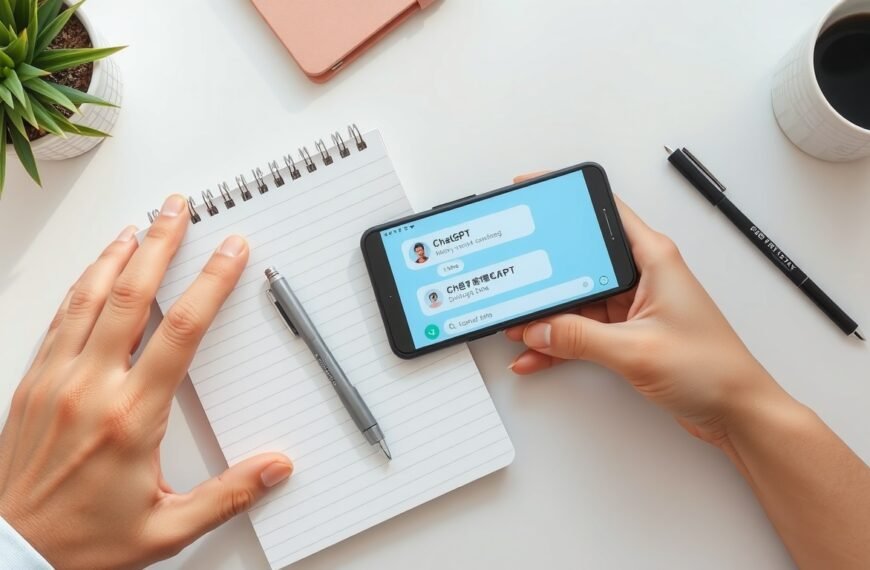 무료 챗gpt 한국어 - flat lay of smartphone showing ChatGPT Korean interface on white desk with notebook and pen, AI technology concept