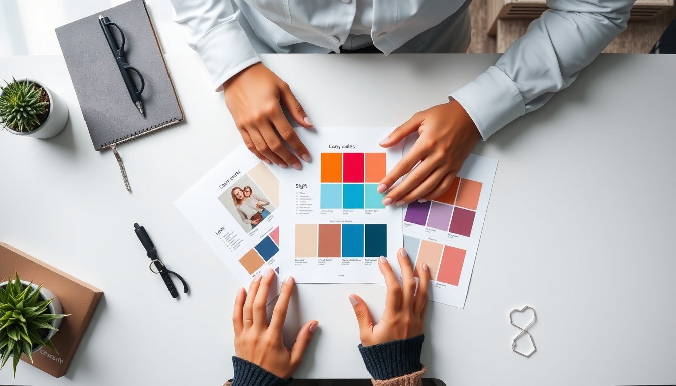 캔바 사용법 강의 - flat lay of printed canva design templates and color palette swatches on white desk, canva tutorial product shot, overhead view