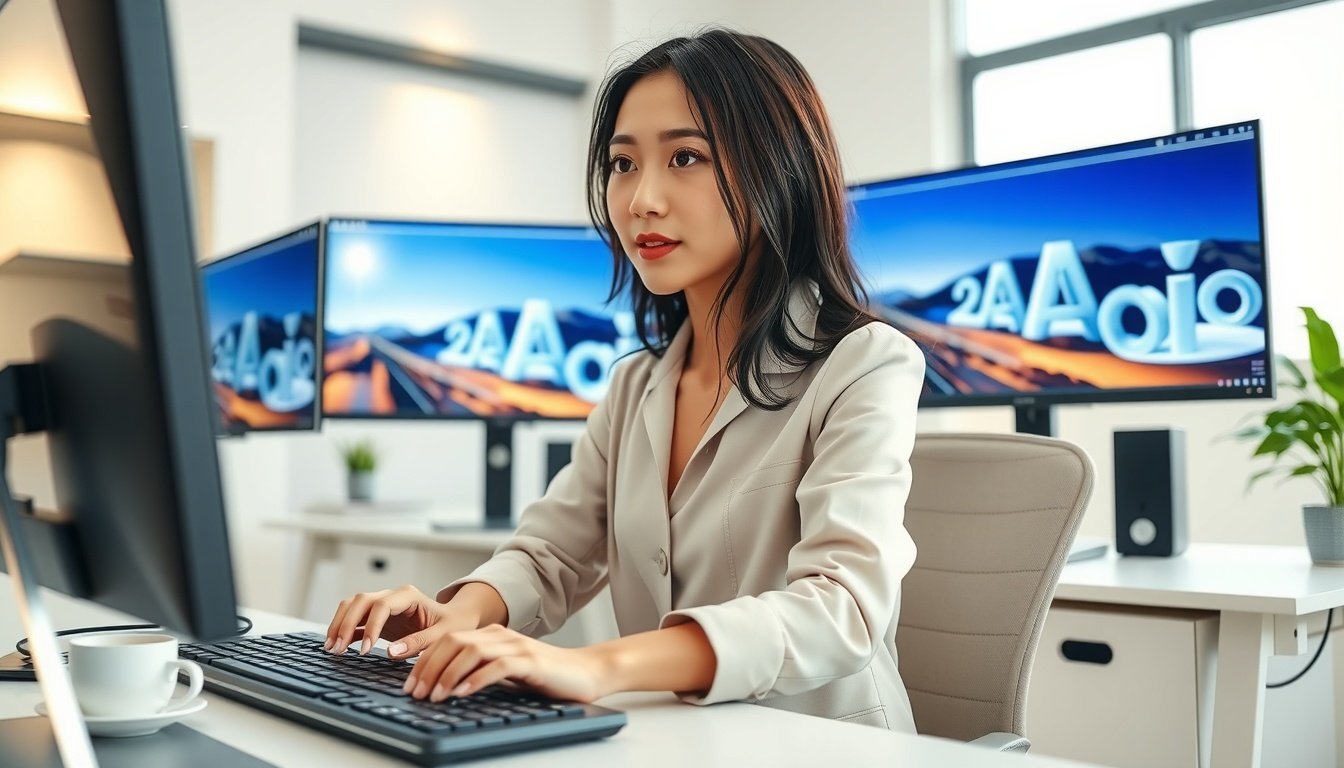 미드저니 - Korean woman upper body shot with face visible, sitting at desk with multiple monitors showing Midjourney AI-generated images, natural hands on keyboard, modern home office background