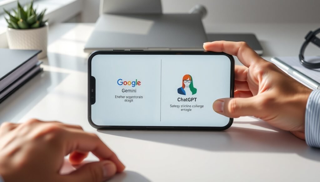 구글 챗gpt - flat lay of smartphone showing Google Gemini and ChatGPT interface on white desk, AI comparison concept