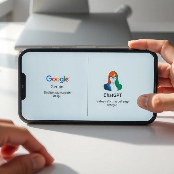 구글 챗gpt - flat lay of smartphone showing Google Gemini and ChatGPT interface on white desk, AI comparison concept