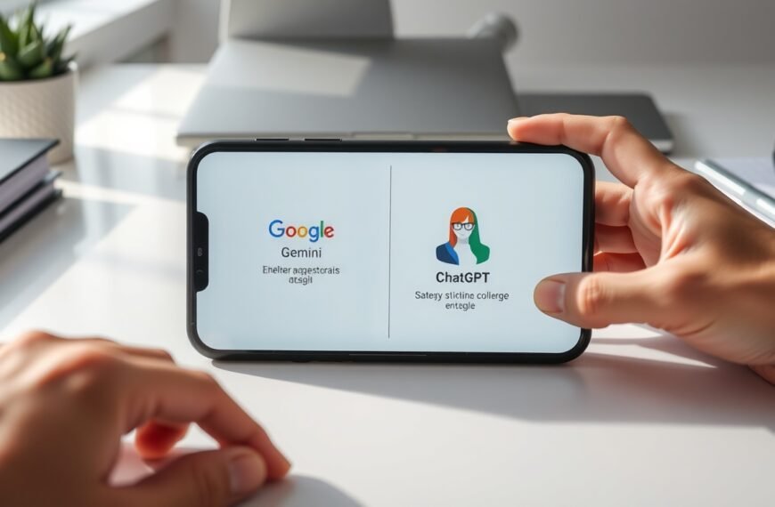 구글 챗gpt - flat lay of smartphone showing Google Gemini and ChatGPT interface on white desk, AI comparison concept