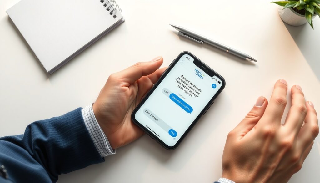 구글챗GPT 스마트스토어 상품 설명 작성 - flat lay of smartphone showing ChatGPT interface next to notebook and pen on white desk, smart store product description concept