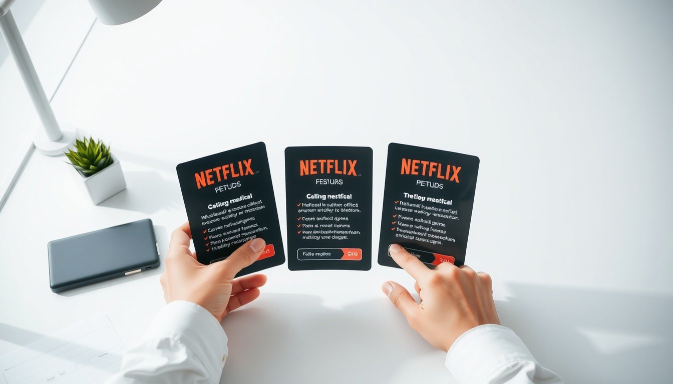 넷플렉스요금 - flat lay comparison of three Netflix subscription plan cards on white desk, showing different price tiers and features