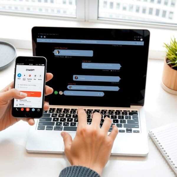 챗지피티 무료버전 - flat lay of smartphone and laptop showing ChatGPT free version interface on screen, modern desk setup with notebook
