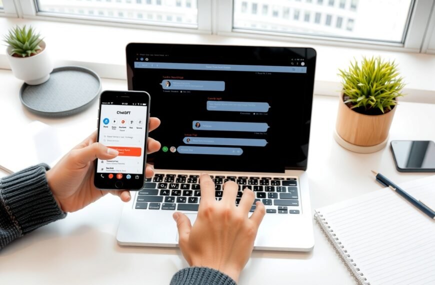 챗지피티 무료버전 - flat lay of smartphone and laptop showing ChatGPT free version interface on screen, modern desk setup with notebook