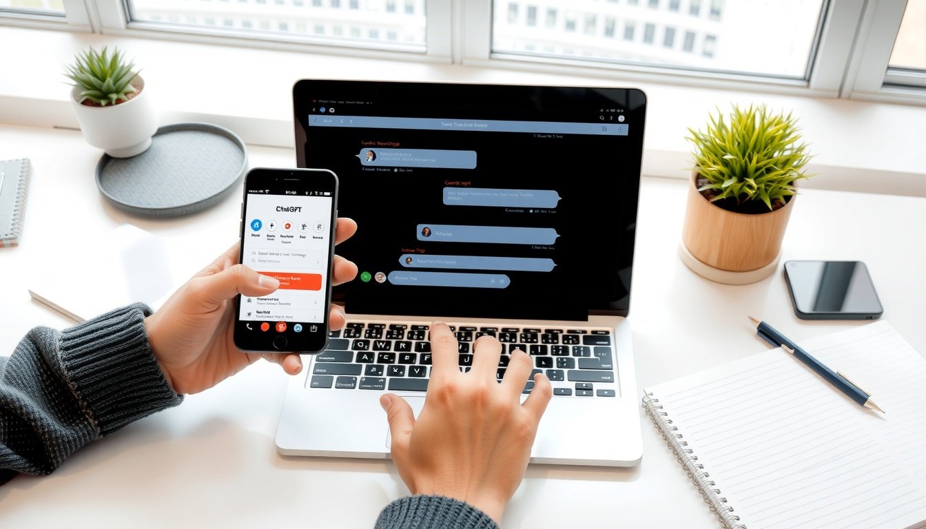 챗지피티 무료버전 - flat lay of smartphone and laptop showing ChatGPT free version interface on screen, modern desk setup with notebook