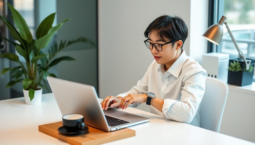 Korean small business owner writing blog content on laptop at a clean desk with coffee