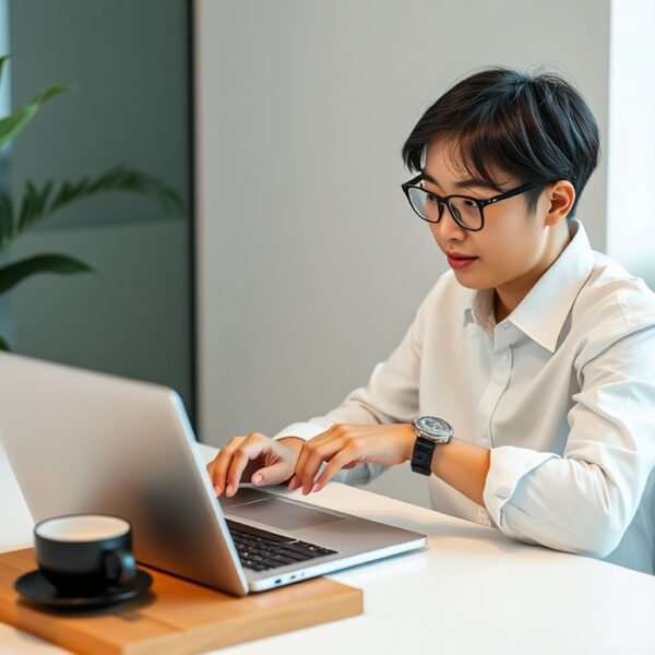 Korean small business owner writing blog content on laptop at a clean desk with coffee