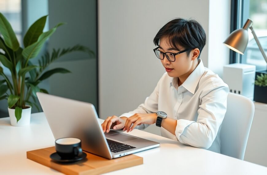 Korean small business owner writing blog content on laptop at a clean desk with coffee