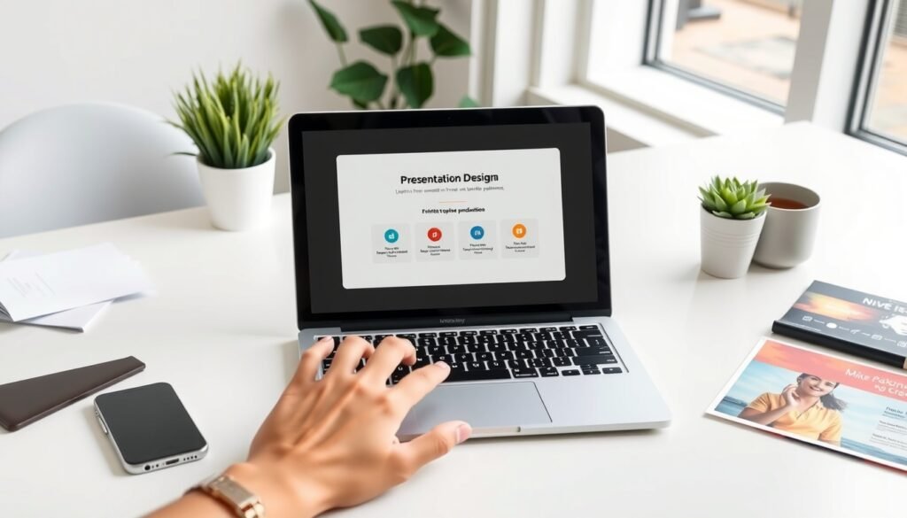 미리캔버스 ppt 변환 - flat lay of laptop showing presentation design on screen, Miricanvas PPT conversion concept, colorful slide templates on white desk