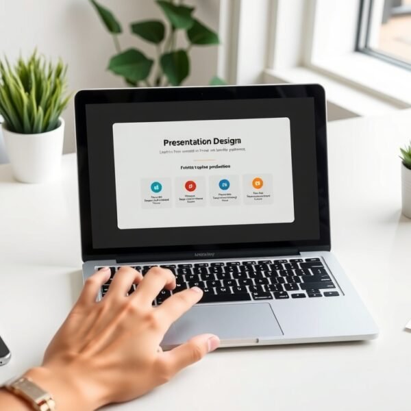 미리캔버스 ppt 변환 - flat lay of laptop showing presentation design on screen, Miricanvas PPT conversion concept, colorful slide templates on white desk