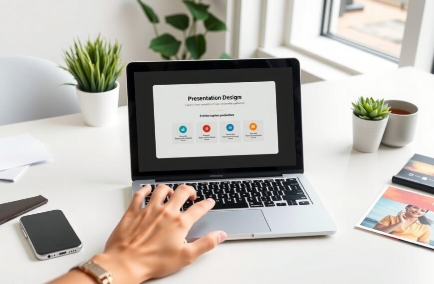 미리캔버스 ppt 변환 - flat lay of laptop showing presentation design on screen, Miricanvas PPT conversion concept, colorful slide templates on white desk