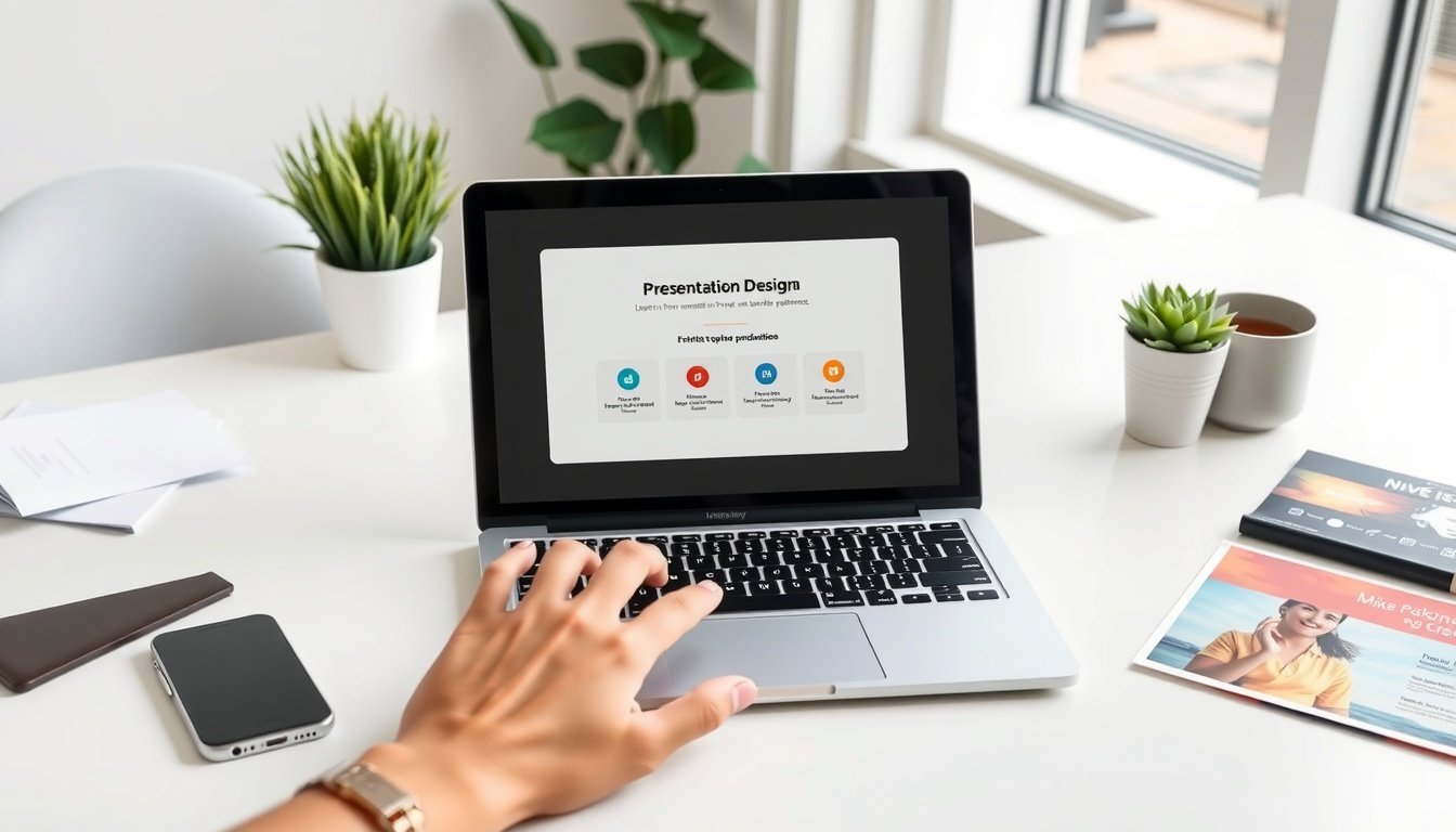 미리캔버스 ppt 변환 - flat lay of laptop showing presentation design on screen, Miricanvas PPT conversion concept, colorful slide templates on white desk