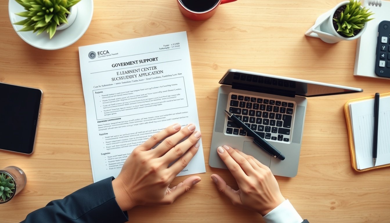 이러닝센터 - flat lay of government support document, laptop and pen on wooden desk, e-learning center subsidy application concept, overhead view