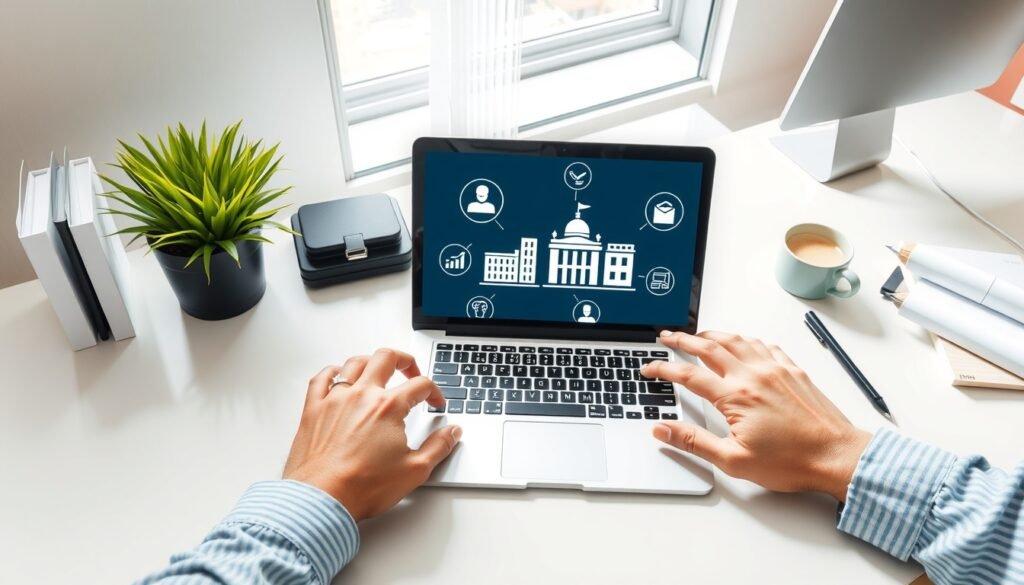 이러닝센터 - flat lay of laptop and online education icons on white desk, e-learning center government support concept