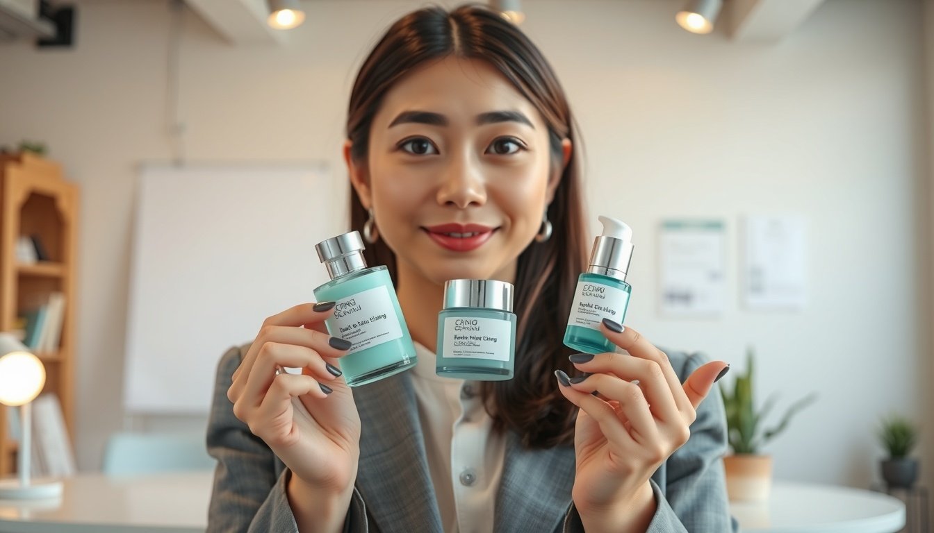 샤오홍슈 - Korean woman upper body shot with face visible, presenting skincare products for Xiaohongshu live streaming, natural hands, warm lighting studio background