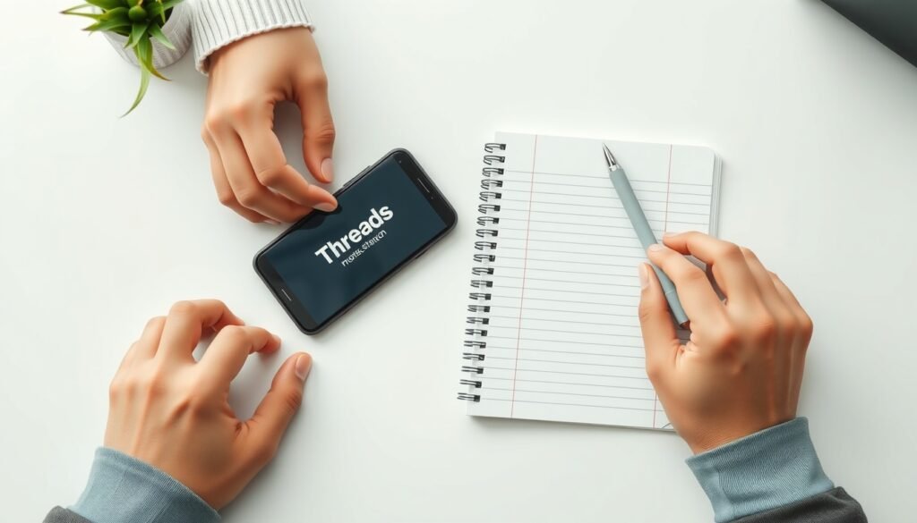 스레드 수익화 - flat lay of smartphone showing Threads app interface with notebook and pen on white desk, Threads monetization strategy concept