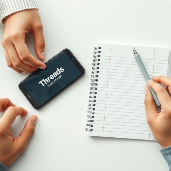 스레드 수익화 - flat lay of smartphone showing Threads app interface with notebook and pen on white desk, Threads monetization strategy concept