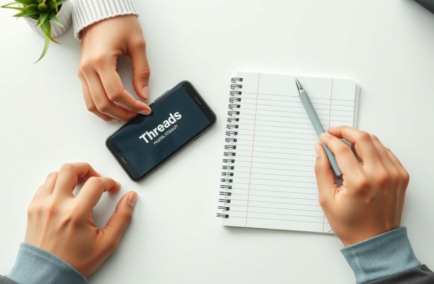 스레드 수익화 - flat lay of smartphone showing Threads app interface with notebook and pen on white desk, Threads monetization strategy concept