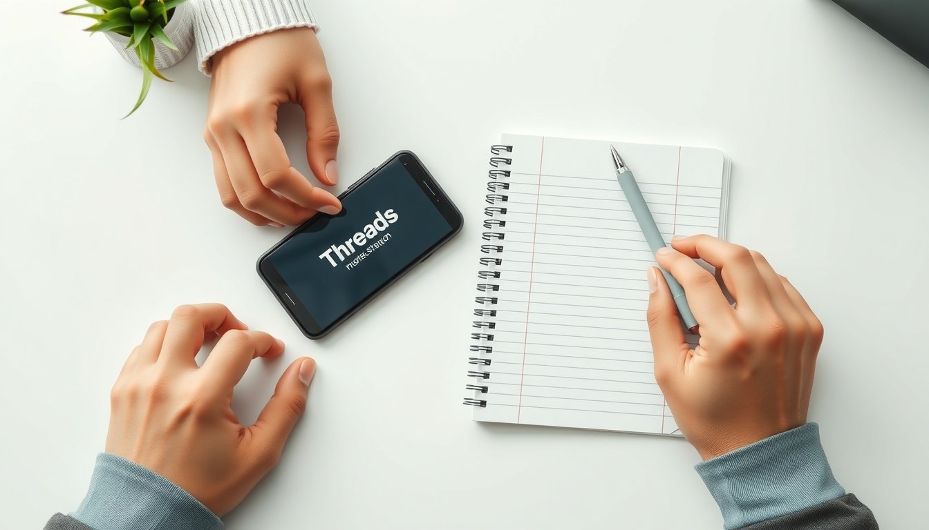 스레드 수익화 - flat lay of smartphone showing Threads app interface with notebook and pen on white desk, Threads monetization strategy concept