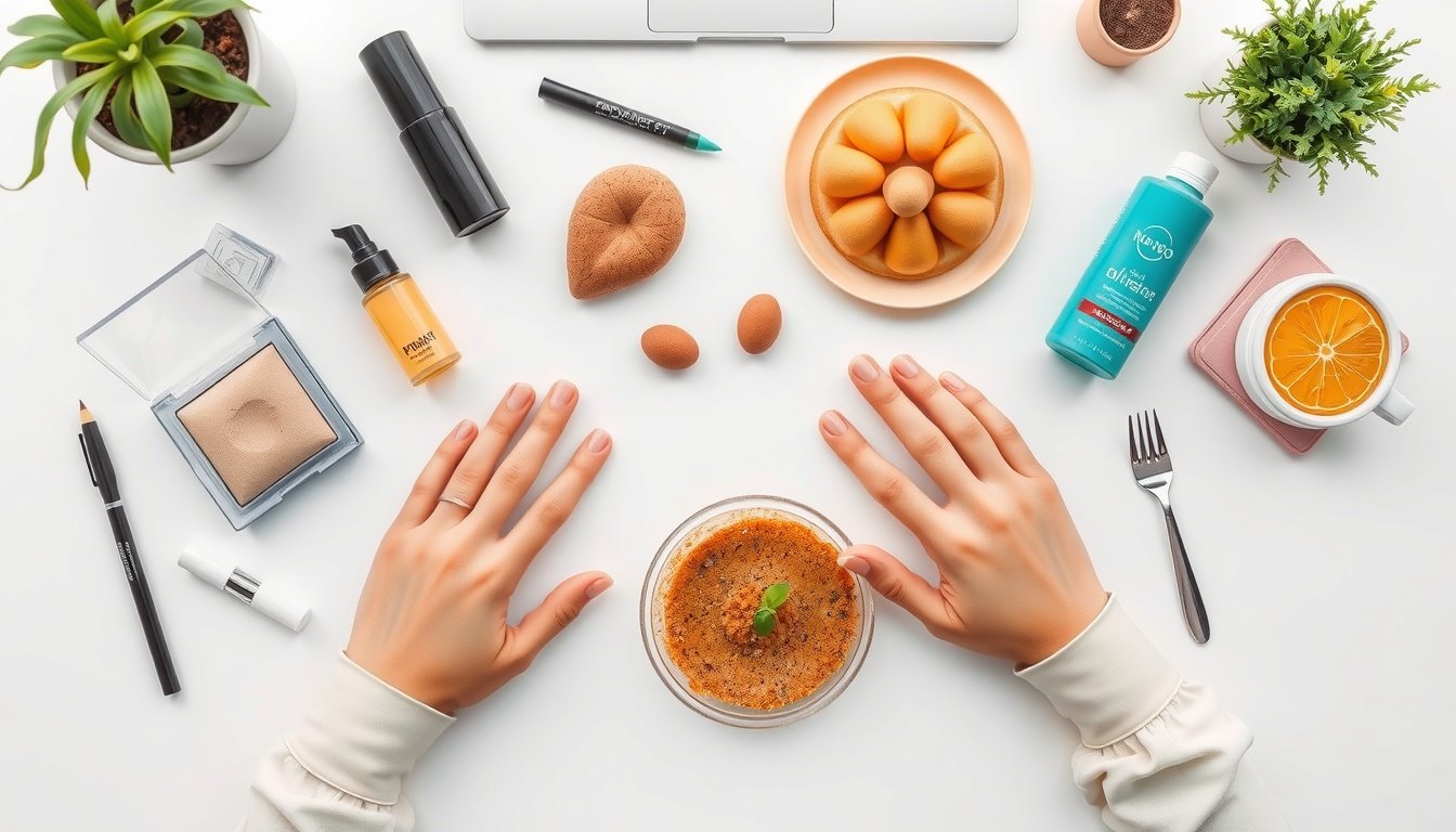 모두모여체험단 - flat lay of various consumer products, beauty and food items on clean white background, modumoyo review program concept