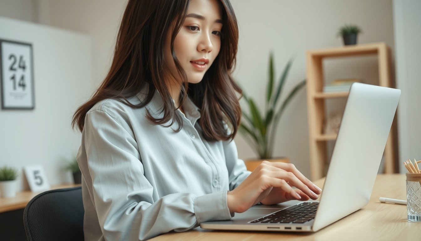 에이블리선정산 - Korean female seller upper body shot with face visible, checking settlement status on laptop in home office, natural hands