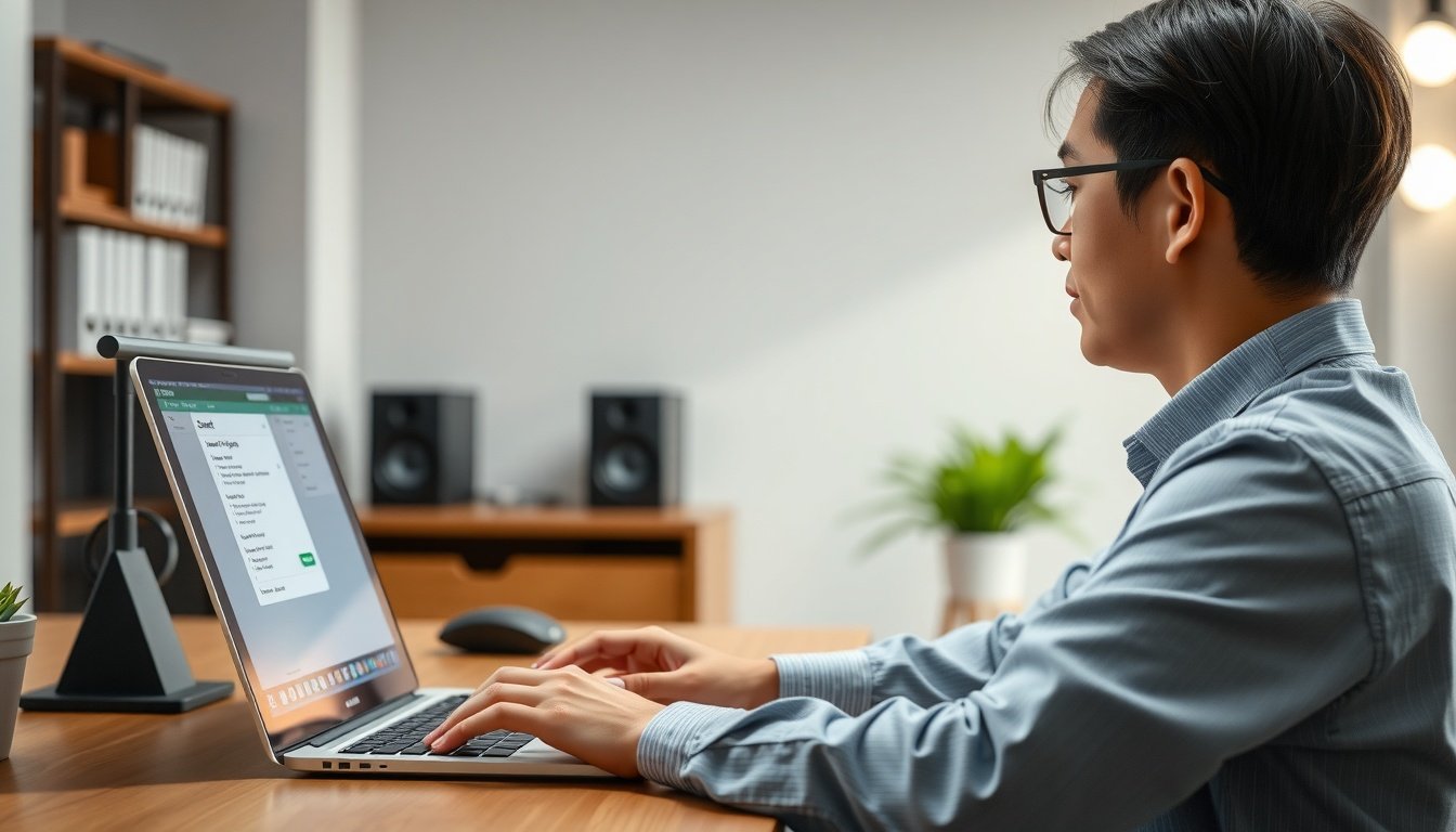 챗지피티 무료사주 - Korean person upper body shot with face visible, sitting at desk and looking at ChatGPT free fortune analysis on laptop screen, natural hands on keyboard