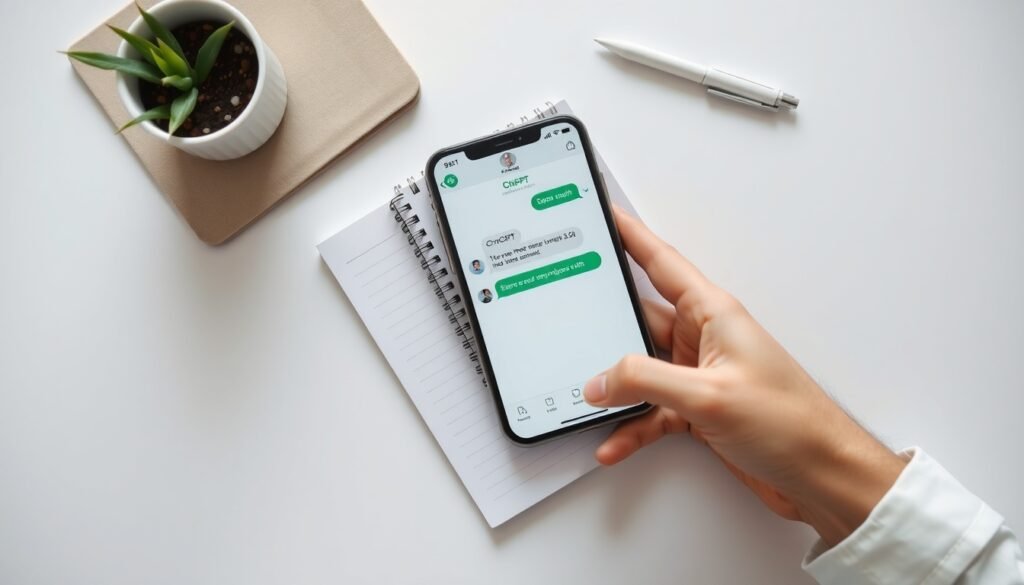 구글챗GPT 초보자 시작하는 법 - flat lay of smartphone showing ChatGPT interface on white desk with notebook and pen, beginner AI guide concept