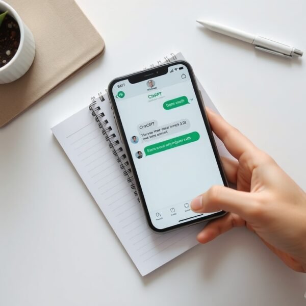 구글챗GPT 초보자 시작하는 법 - flat lay of smartphone showing ChatGPT interface on white desk with notebook and pen, beginner AI guide concept