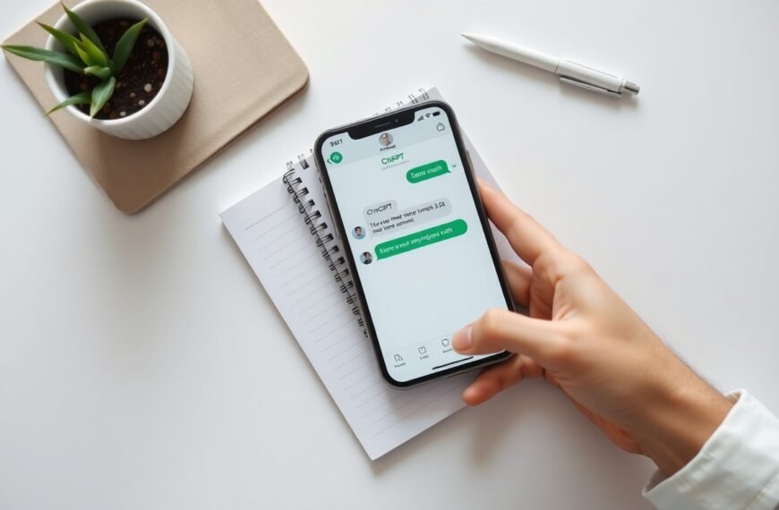 구글챗GPT 초보자 시작하는 법 - flat lay of smartphone showing ChatGPT interface on white desk with notebook and pen, beginner AI guide concept