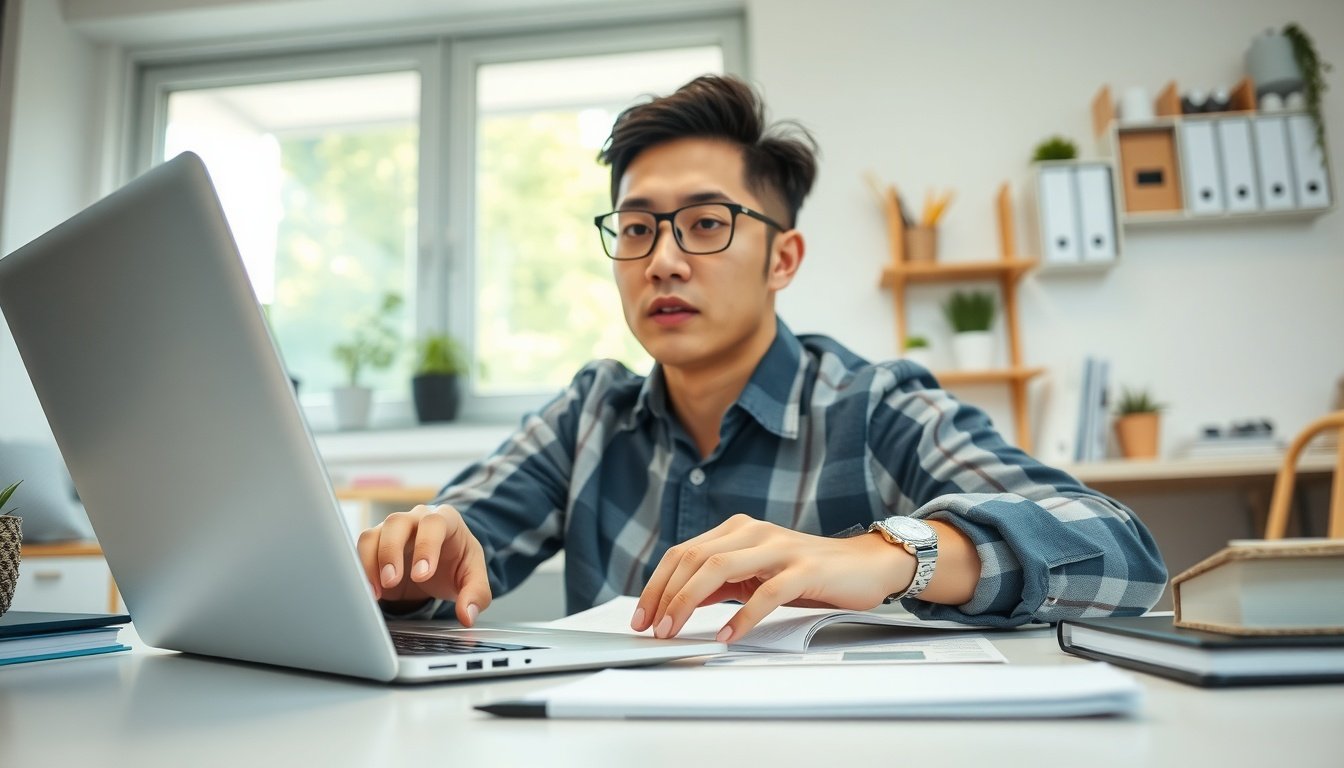 이러닝센터 - Korean man upper body shot with face visible, using laptop for online learning at home desk, e-learning center government grant concept, natural hands