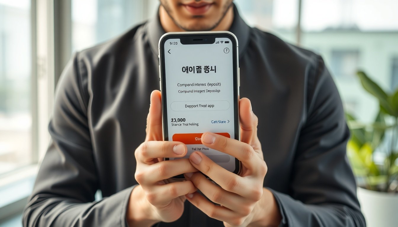 복리식 정기예탁금 - Korean man upper body shot with face visible, using smartphone for mobile banking app, natural hands, compound interest deposit signup