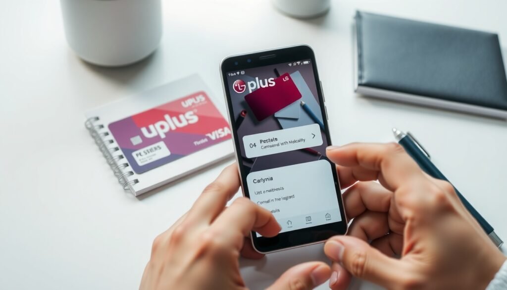 유플러스멤버십 - flat lay of smartphone showing LG Uplus membership app on white desk with loyalty card and notebook, uplus membership concept