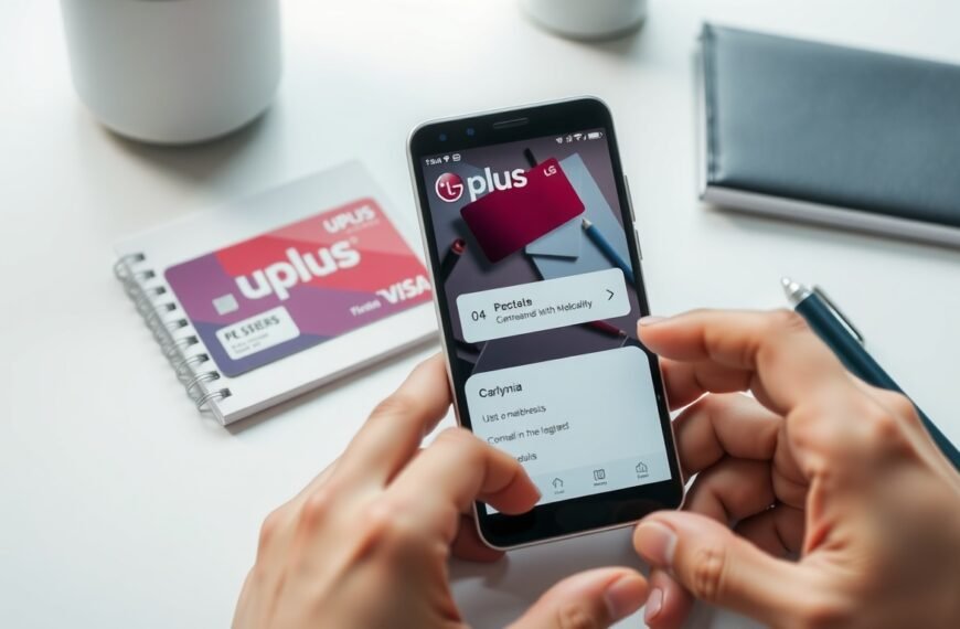 유플러스멤버십 - flat lay of smartphone showing LG Uplus membership app on white desk with loyalty card and notebook, uplus membership concept