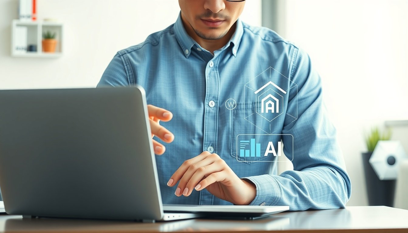 생성형 AI 종류 - Korean professional man upper body shot with face visible, using laptop with AI interface on screen, natural hands, modern home office background