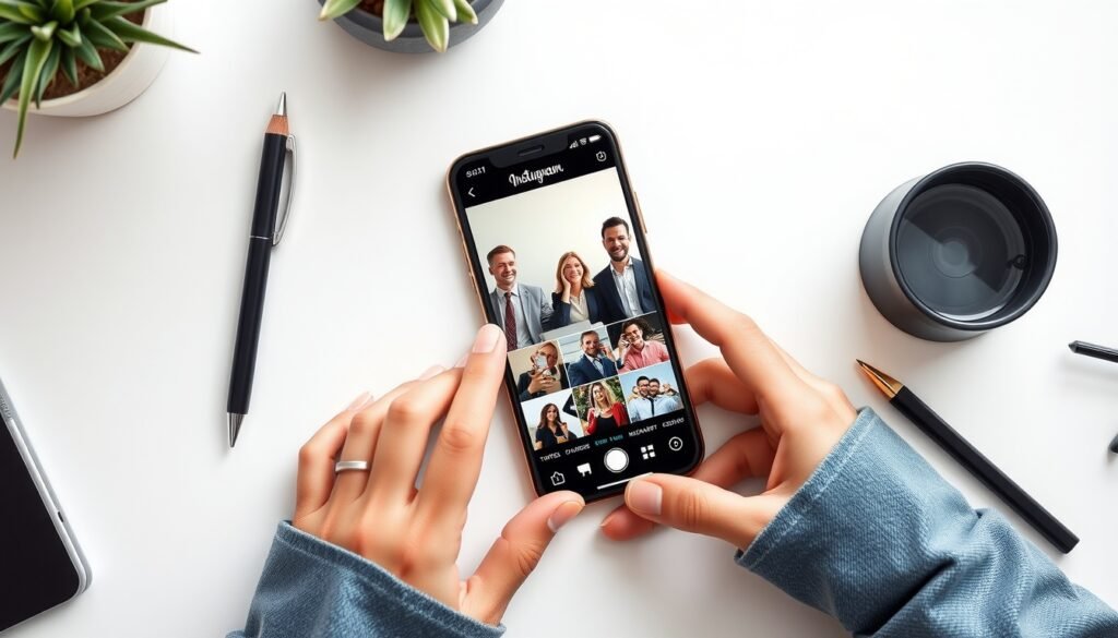 인스타 스토리 - flat lay of smartphone showing Instagram Stories interface on white desk, social media marketing concept