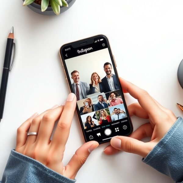 인스타 스토리 - flat lay of smartphone showing Instagram Stories interface on white desk, social media marketing concept