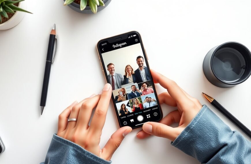 인스타 스토리 - flat lay of smartphone showing Instagram Stories interface on white desk, social media marketing concept