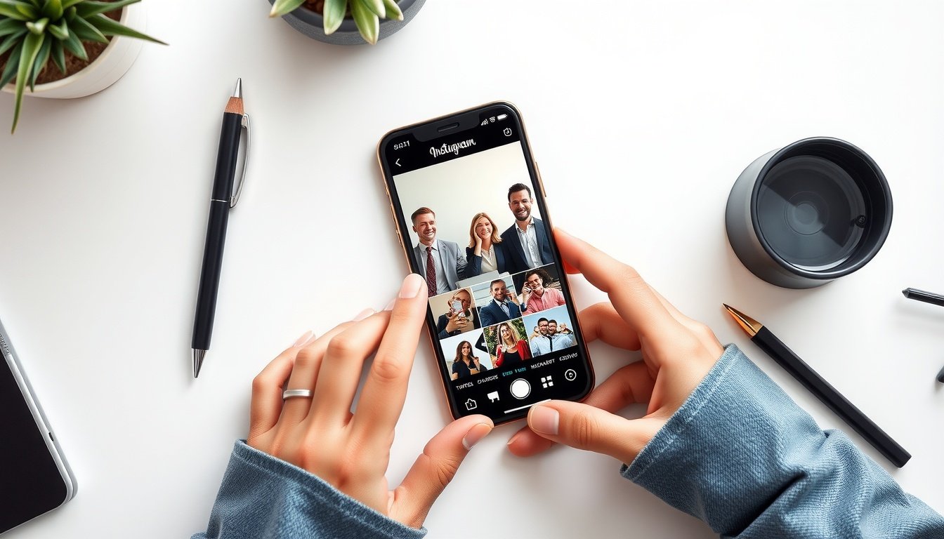 인스타 스토리 - flat lay of smartphone showing Instagram Stories interface on white desk, social media marketing concept