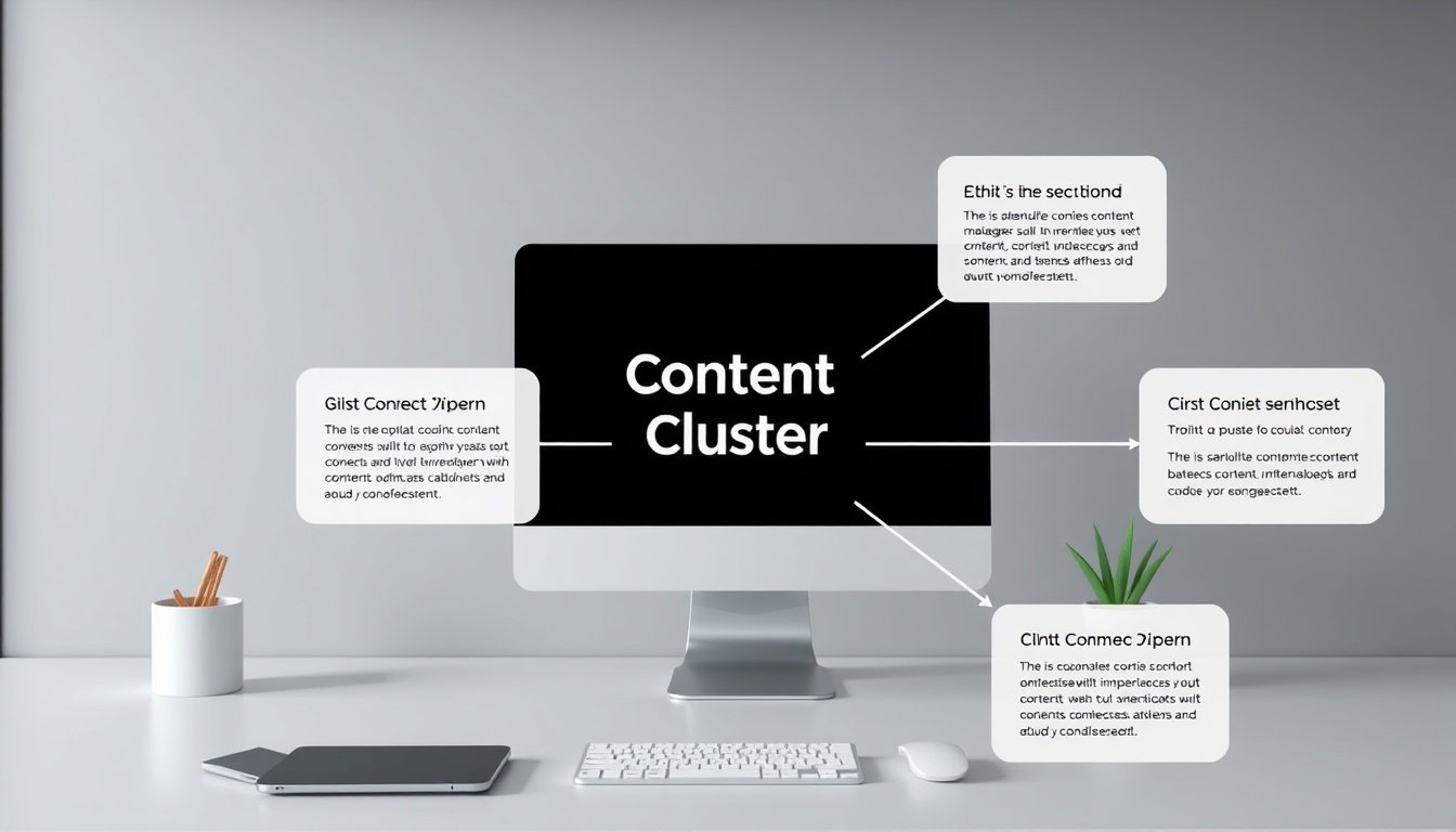 Diagram showing content cluster strategy with interconnected blog posts and SEO links