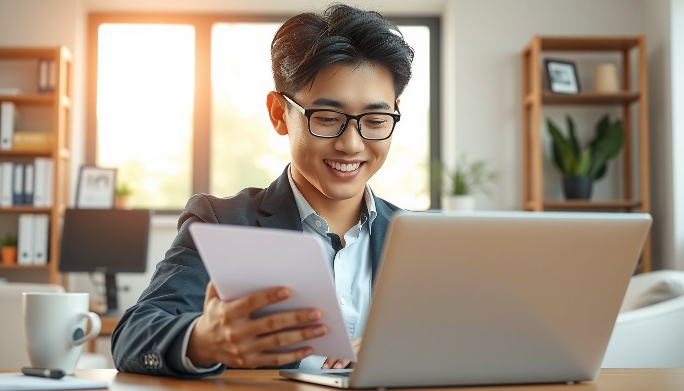 비드폴리오 - Korean male freelancer upper body shot with face visible, smiling while reviewing Bidfolio proposal on laptop, natural hands, bright home office background